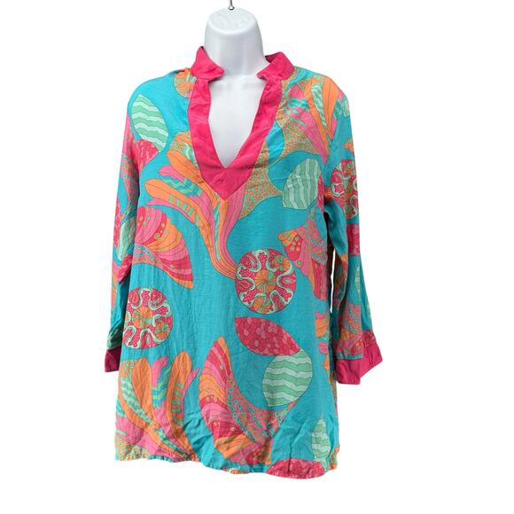 Britt Ryan Mini Dress Silk Blend Bright Pink Blue Tropical V-Neck Beach Medium - Picture 1 of 6